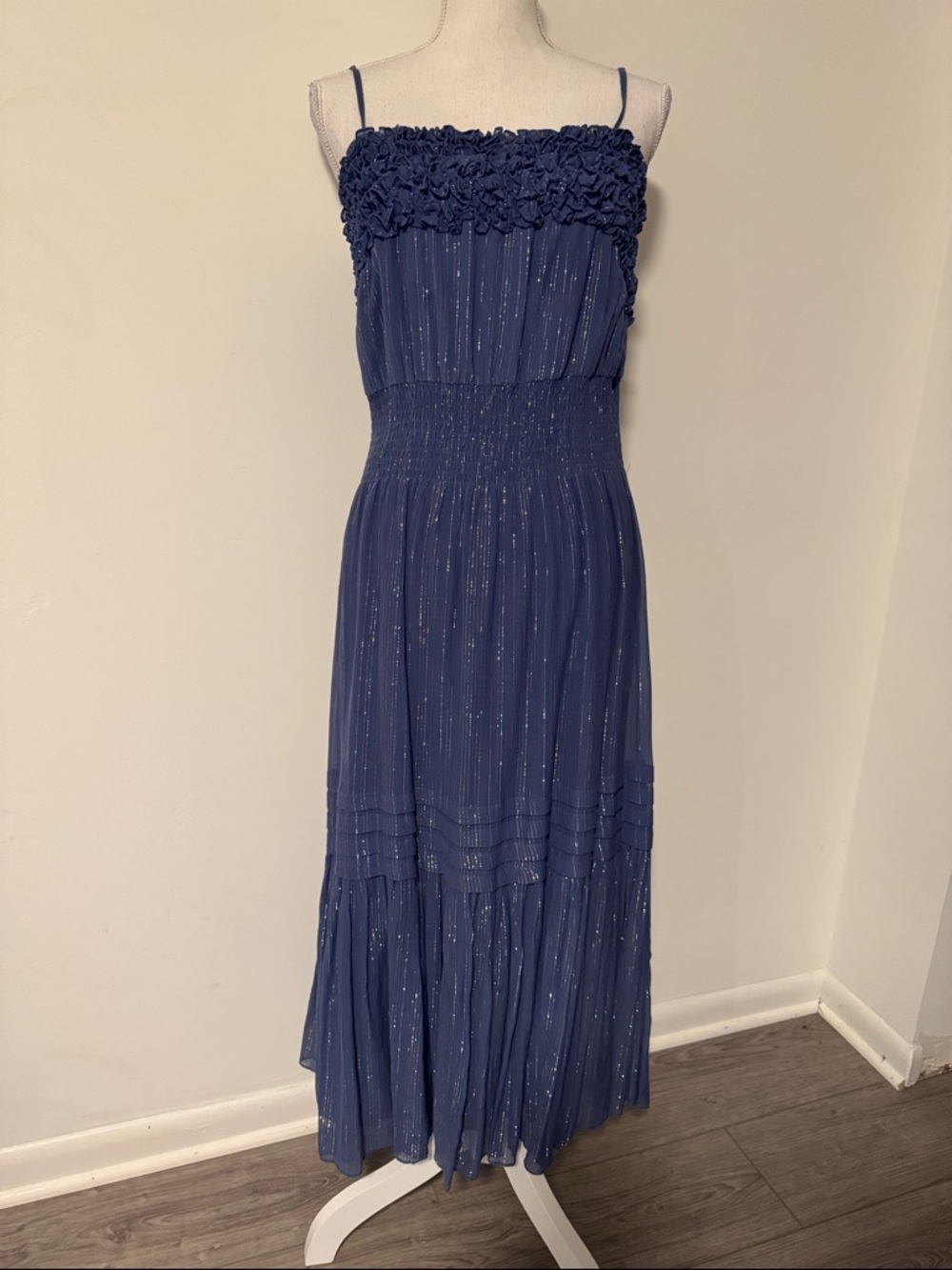 Rebecca Taylor Blue/Gold Spaghetti Strap Maxi Dress—sz L